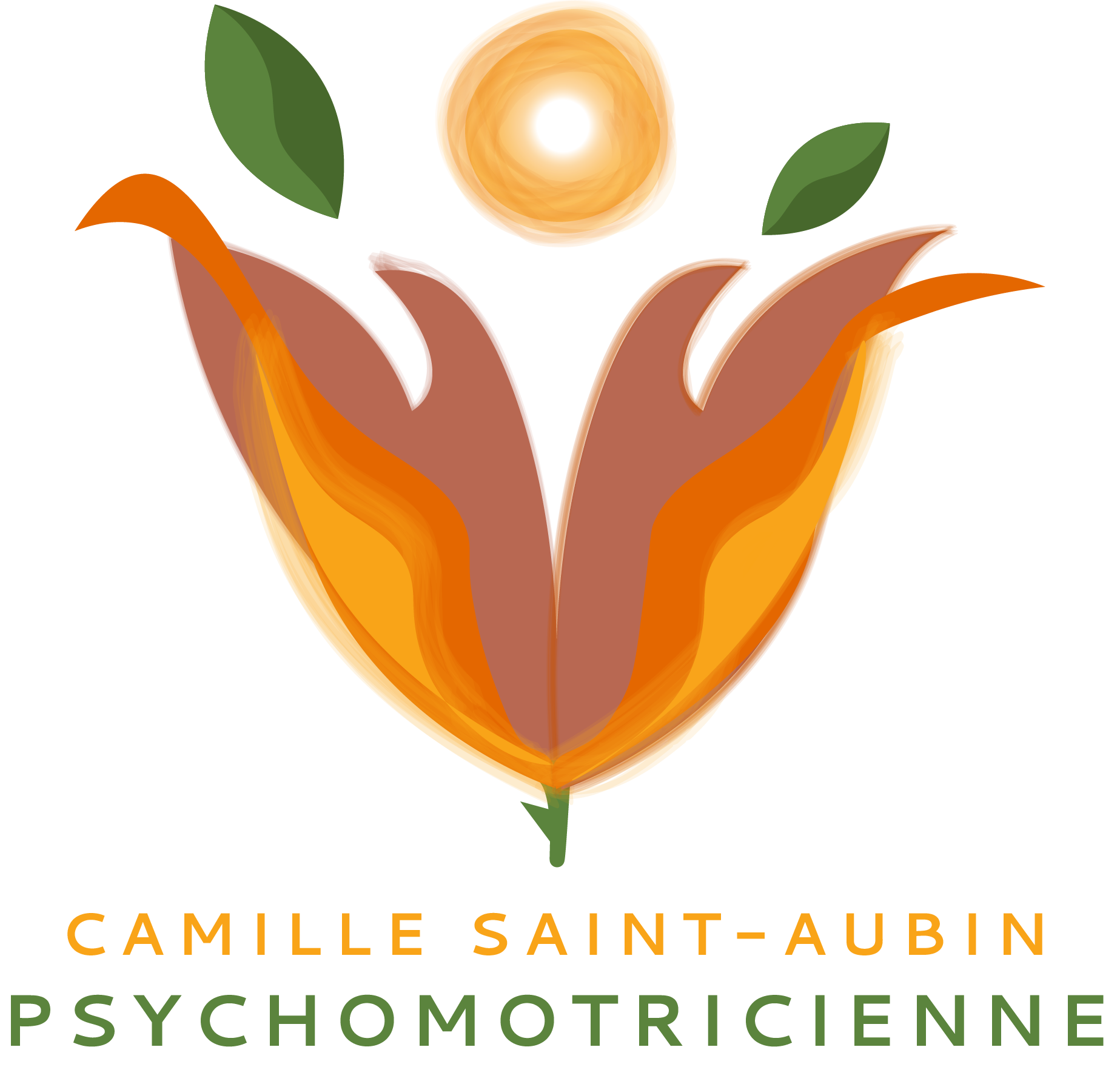 Logo Camille Saint Aubi. Soleil jaune Flammes oranges feuilles vertes tige épine de rose