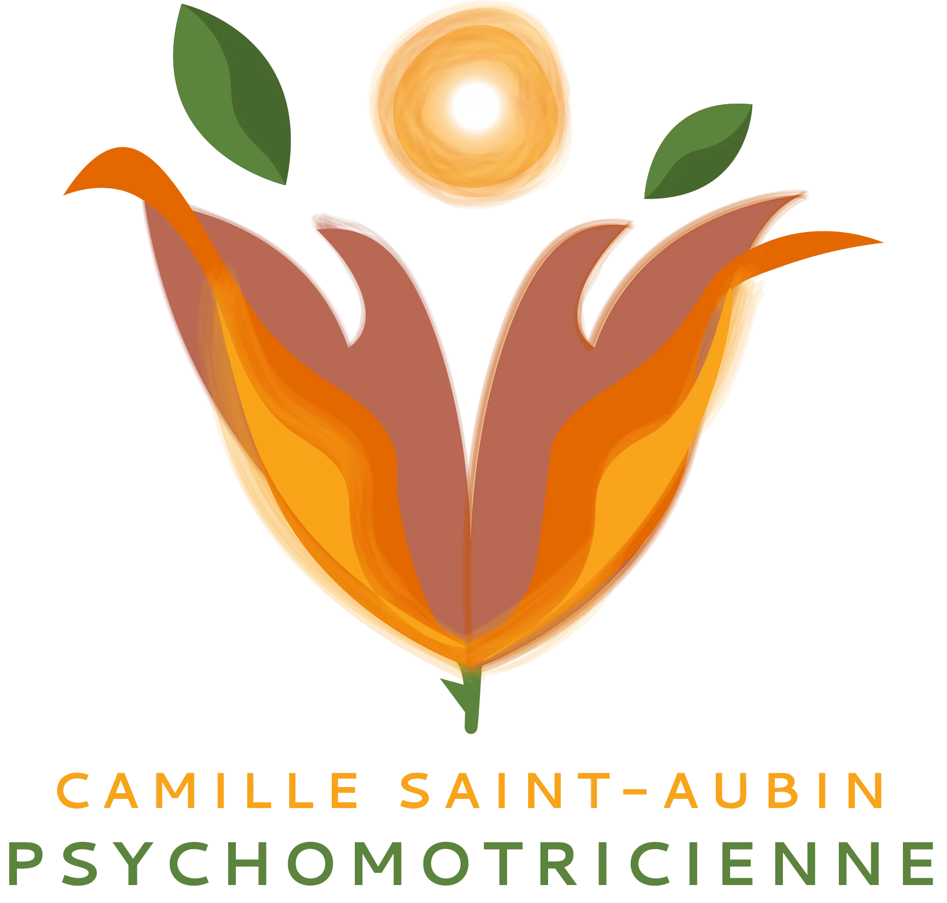 Logo Camille Saint Aubi. Soleil jaune Flammes oranges feuilles vertes tige épine de rose